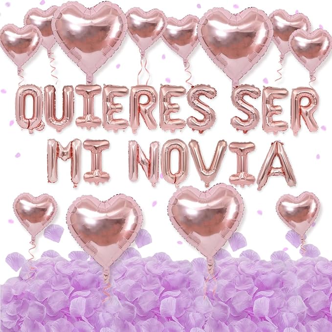 2 Set 16 Inch QUIERES SER MI NOVIA Balloons, Rose Gold Will You Be My Girlfriend Letter Balloons Spanish with 200pcs Artificial Rose Petals for Valentines Anniversary Day Banner Decorations