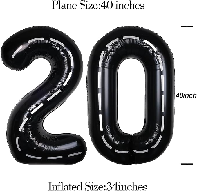 Race Car 40Inch Black 20 Balloon Number Large Helium Race Track 0-9 Giant Digital 20th Foil Mylar Big Party Number Balloons for Boy Birthday Car Theme Party Anniversary Graduation Decorations