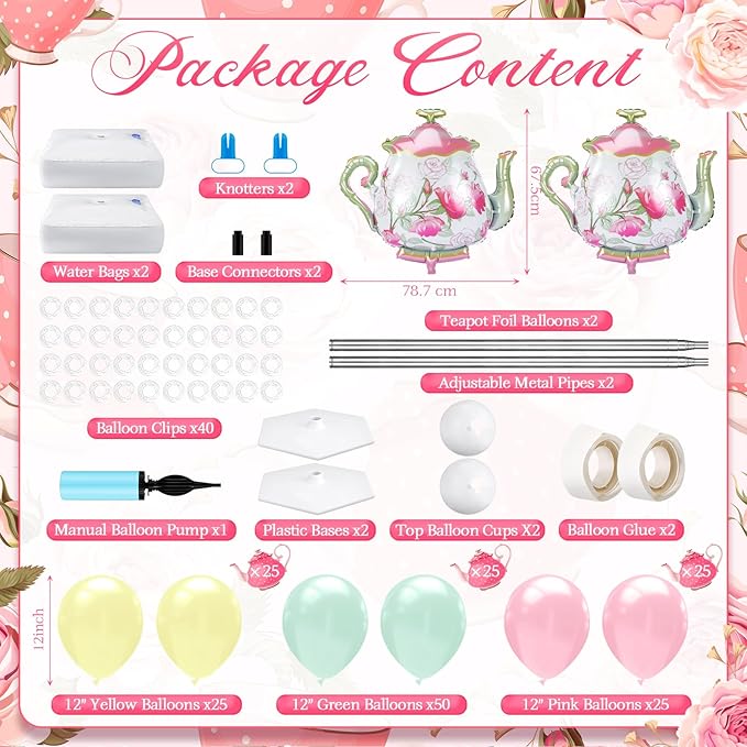 Kasyat 2 Set Tea Party Decorations Balloon Column with Adjustable Balloon Stand Kit, Teapot Balloons for Spring Bridal Shower Wedding Birthday Garden Party, Pastel Macaron Arch Supplies