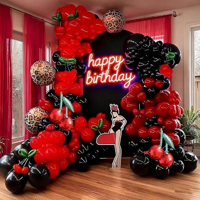 Red Black Balloon Arch Kit Double Stuffed Burgundy Black Maroon Balloon Garland Cherry Cheetah Print Balloons for Birthday Bridal Baby Shower Mother's Day Bachelorette Graduation Party Decorations