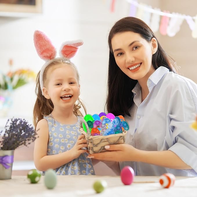 24Pcs Easter Pop Its and Basket Stuffers with Colorful Eggshell,Mini Pop Keychain Rainbow Silicone Simple Fidget Toys Fidget Relieve Anxiety Stress Hand Office Desk Toys for Kids Adults
