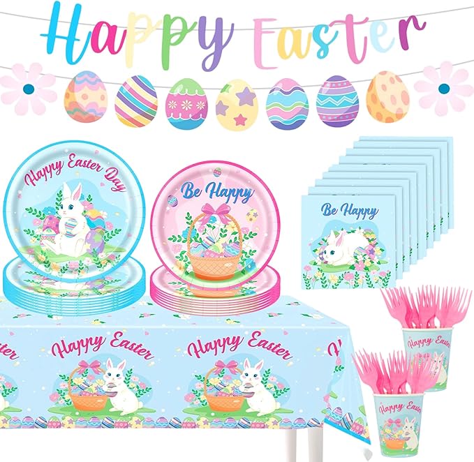 Easter Party Decorations Set, Bunny Easter Party Supplies with Banner, Plates, Napkins, Tablecloth, Cups and Forks, Pastel Easter Egg Theme Tableware Kit for 24 Guests