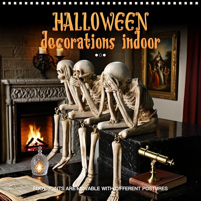 Halloween Skeleton Statues Set of 3 – See No Evil, Hear No Evil, Speak No Evil, Resin Skull Figurines for Gothic Home Decorations, Shelf Mantel Decor, Tabletop Halloween Decor Indoor (3-Piece Set)