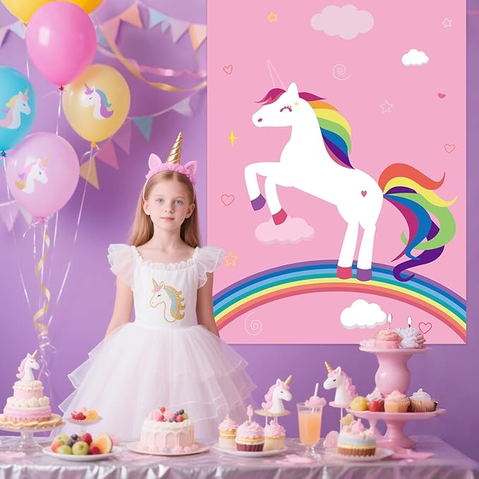 PLULON Pin The Horn On The Unicorn for Kids Birthday Party Game, Unicorn Party Supplies Favors Girls Birthday Decorations Poster Home Family Wall Decorations for Girl Boy Classroom Activities
