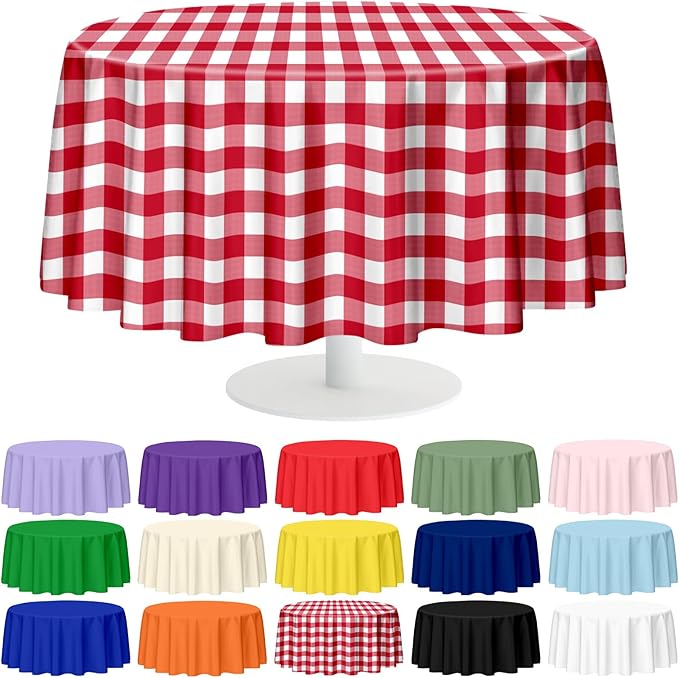 Mulbozy 12 Pack Red Checkered Tablecloth 84 Inches Round Red Gingham Tablecloth Disposable Plastic Waterproof Table Cover for Outdoor Picnic, Kitchen, Holiday Birthday Party