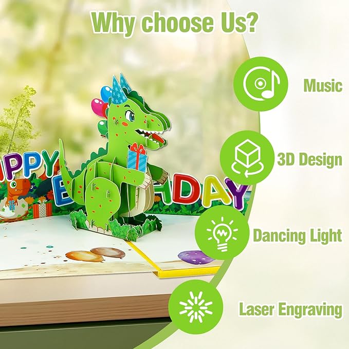 FaCraft Dinosaur Musical Birthday Cards for Kids - Music & Light 3D T-Rex Handmade Pop Up Birthday Cards with Envelope, Blank Insert, Gift for Boys Girls Son Grandson Toddler Nephew 1 2 3 4 5 Year Old