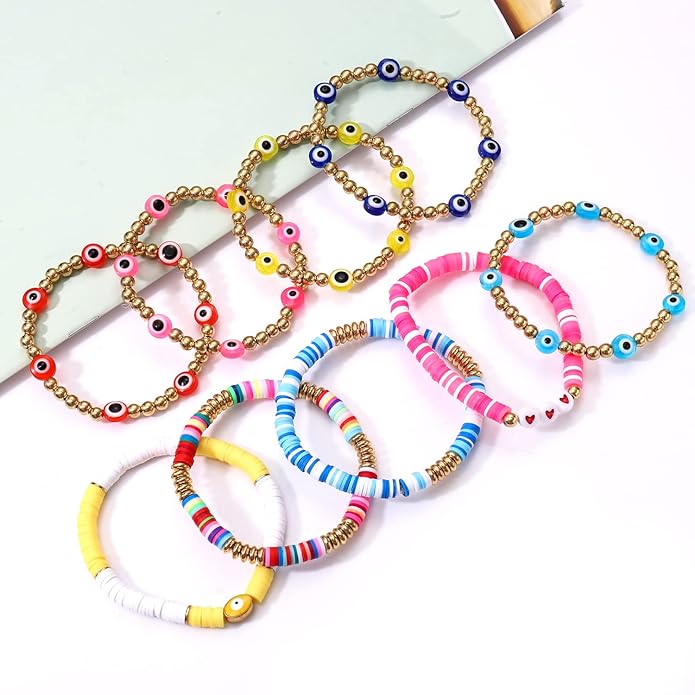 Surfer Heishi Bracelets for Women Stackable Rainbow Vinyl Disc Clay Beaded Stretch Bracelets Elastic Layering Friendship Bracelets Boho Summer Beach Jewelry