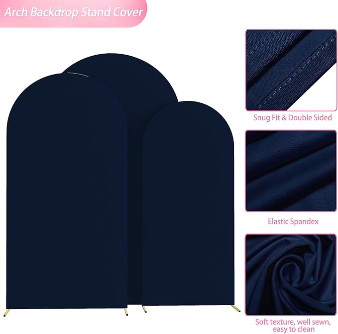 Wokceer Wedding Arch Backdrop Cover 7.2FT, 6.6FT, 6FT Set of 3 Spandex Fitted Navy Blue Arch Covers for Round Top Chiara Arch Backdrop Stands Cover for Birthday Party Ceremony Decor