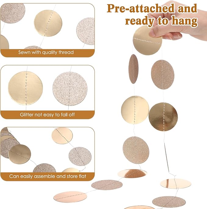 Syhood 10 Pcs Party Decorations Paper Dot Circle Garlands Glitter Streamers Hanging Banner Decor for New Year Baby Shower Wedding Birthday Backdrop Supplies (Champagne Pink)