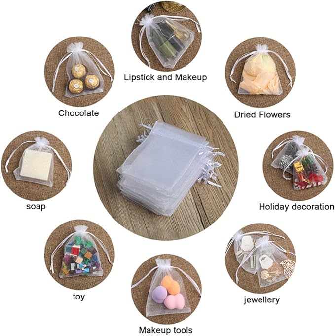 Hopttreely 100PCS Premium Sheer Organza Bags, White Wedding Favor Bags with Drawstring, 4x4.72 Jewelry Gift Bags for Party, Jewelry, Christmas, Festival, Bathroom Soaps, Makeup Organza Favor Bags Easter Gifts