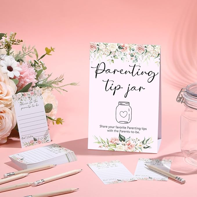 Roowest Baby Shower to Baby Advice Cards for New Parents to Be - Tip Jar Sign for New Parents 60 Parenting Advice Cards 10 HB Pencils 2 Cute Stickers 1 Pet Bottle for Guests Games(Flower)