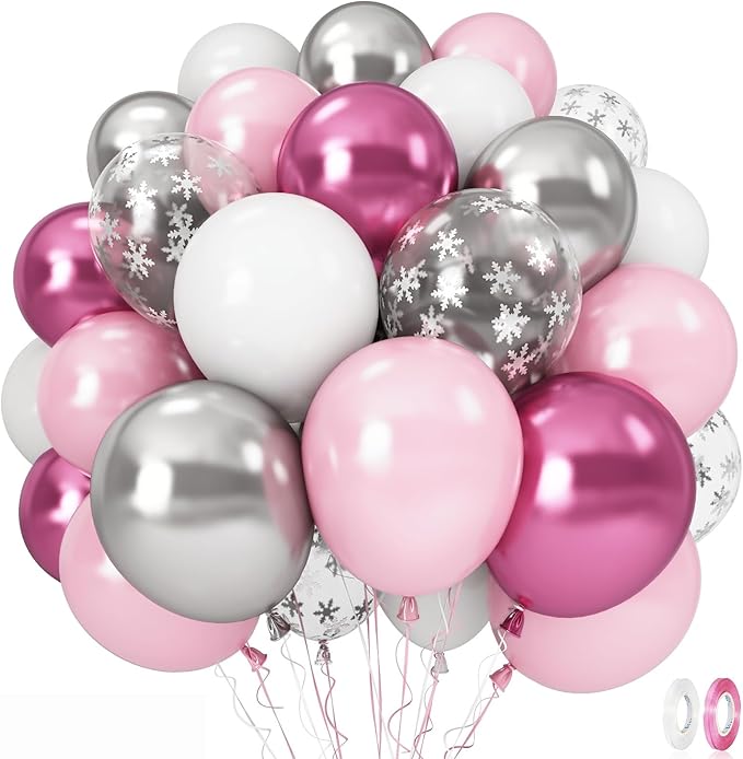 Pink Winter Wonderland Balloons, 60PCS Pearl White & Pink Double Stuffed Balloons, Metallic pink Silver and Snow Balloon for Princess Ice Wonderland Baby Shower Christmas Birthday Party Decorations