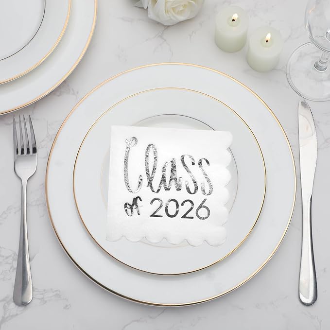 100 Pcs Class of 2026 Graduation Cocktail Napkins 5 x 5 Inch Congrats Grad Scalloped Paper Napkins for Dinner Beverage Graduate Decorations(Silver)