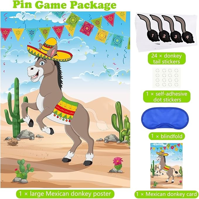 PLULON Pin The Tail on The Donkey Birthday Games for Kids Mexican Donkey Game Poster with Tail Stickers Donkey Party Favors Carnival Birthday Fiesta Home Wall Decor Classroom Family Activities