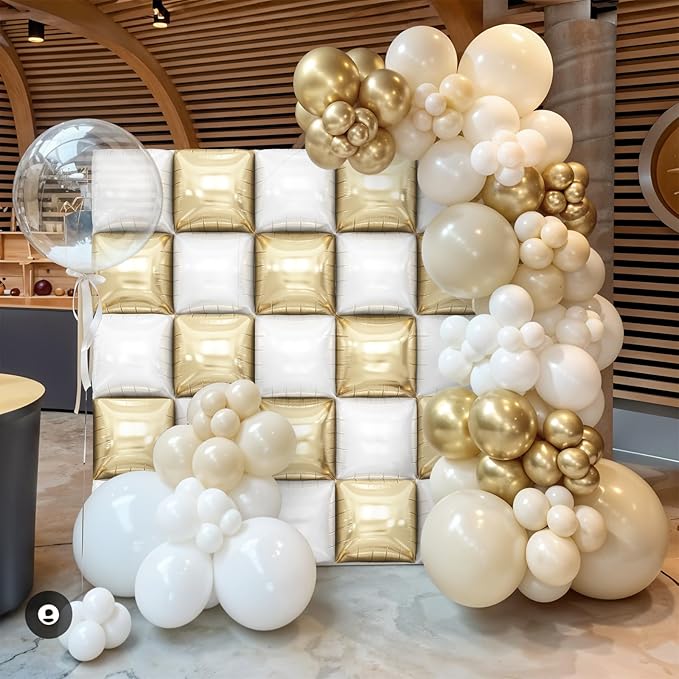 Gold White Square Foil Balloons Wall, 25PCS Double Sided Chrome Light Gold White Balloons Tunnel Arch Kit Backdrop for New Years 2026 Birthday Wedding Engagements Graduation Party Decorations