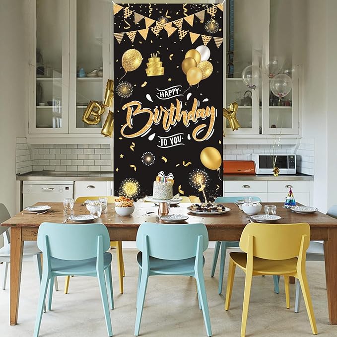 Black Gold Happy Birthday Door Banner,Birthday Door Cover Decoration Supplies Happy Birthday Backdrop Photography Background Sign For Women And Girls Birthday Party Home Outdoor Decor