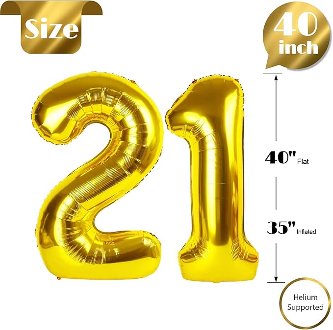 21 Balloon Number, Gold Number 21st Birthday Balloons 40 Inch, 21 or 12 Years Old Gold Birthday Decorations for Men Women Him Her Him Her, 21st Anniversary Decorations