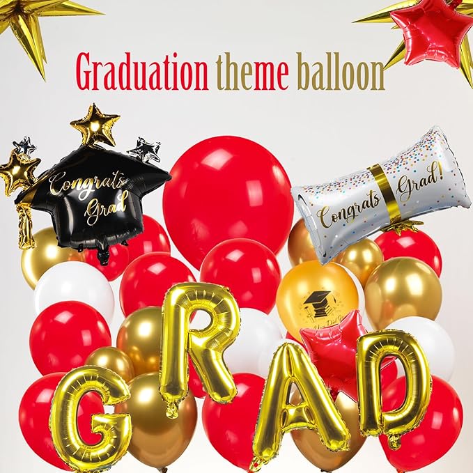 Red Graduation Balloon Garland Arch Kit 115PCS with Graduation Star print Certificate Letter Mylar Foil Balloons for Graduate Class of 2026 Grad Prom party Decorations Supplies (Red Gold White)