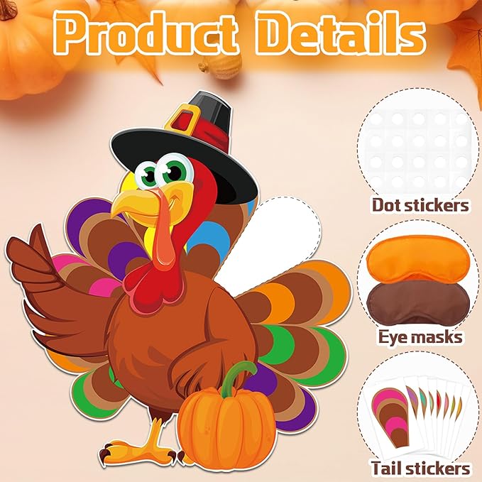 AUGSUN Lare Thanksgiving Party Games for Kids Pin The Tail On The Turkey Game Thanksgiving Game Activities with Blindfolds and Stickers Fall Festival Autumn Party Decorations for Adults Family School