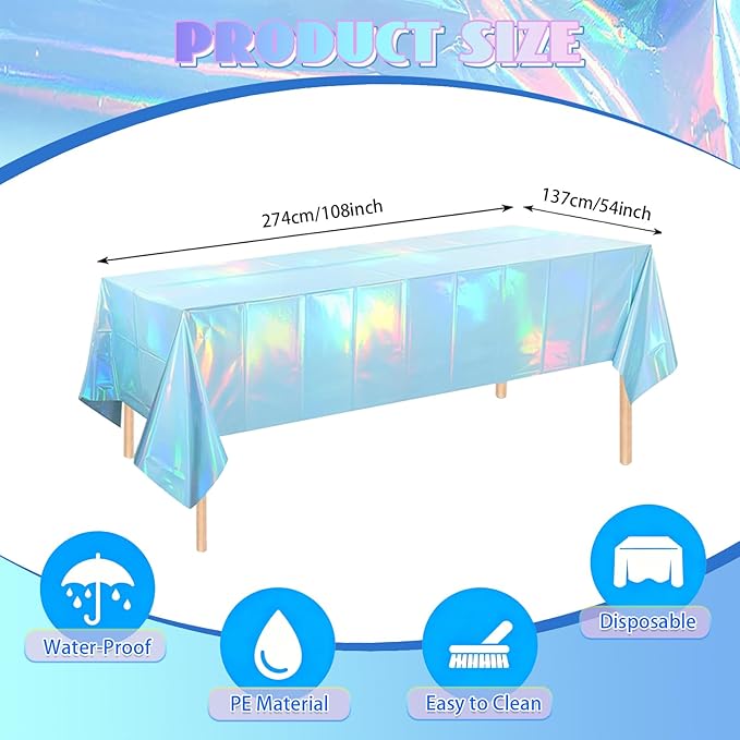3-Pack Blue Iridescent Tablecloths, Holographic Glittering Foil Disposable Tablecloths, 54 Inches x 108 Inches, Suitable for Birthday, Wedding, and Holiday Party Decorations