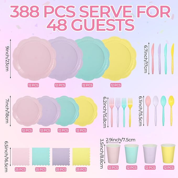 Qinyoung 388 Pcs Pastel Plates and Napkins Party Supplies Tableware Include Disposable Scalloped Plate Paper Napkin Cup Plastic Cutlery for Baby Shower Party Wedding Birthday, 48 Sets