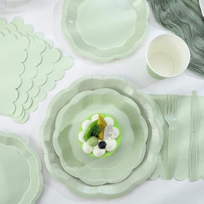 350 Pcs Sage Green Party Paper Plates and Napkins Set Include 9" Easter Plates & 7" Dessert Plate Disposable Scalloped Tableware Serve 50 Guest for Wedding Baby Shower Bridal Shower Birthday