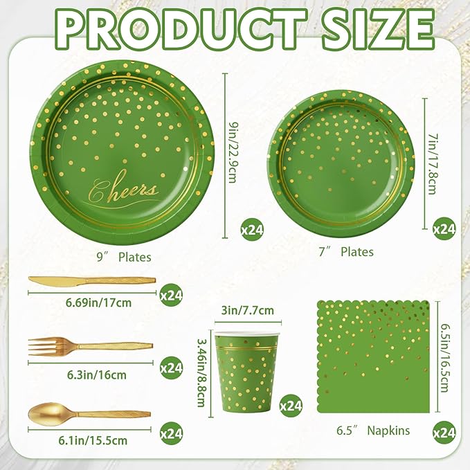OuMuaMua Disposable Green Paper Plates Party Supplies for 24 Guests, 168 Pcs Green and Gold Party Plates, Cups and Napkins with Utensils Set for Birthday Graduation Party Decor