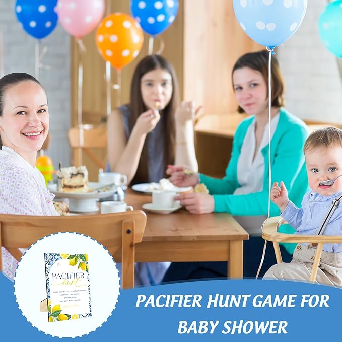 Whaline 51 Pcs Pacifier Hunt Baby Shower Game Include Tile Lemon Wooden Sign 50 Blue Plastic Pacifier for Gender Reveal Party Favor Gift Supplies
