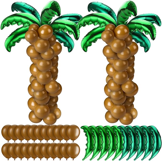 100 Pcs Palm Tree Leaves Balloons Coconut Balloons Set 10 Foil Green Coconut Tree Leaves Balloon 90 Brown Latex for Hawaii Luau Tropical Party Birthday Baby Shower (Stylish Color)