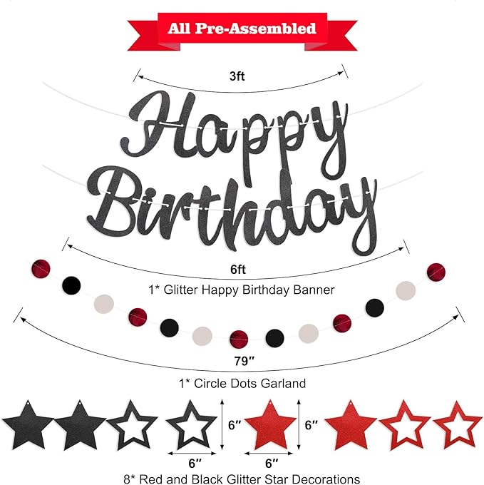 Pre-Strung Happy Birthday Banner, NO DIY Birthday Decorations with Circle Dot Garland，Happy Birthday Party Decorations for Women Men Girls Boys (Red Black)