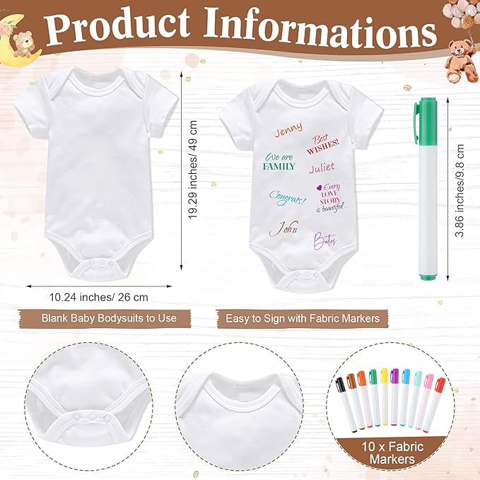 Qunclay 12 Pcs Baby Shower Game Decor with White Unisex Bodysuit Wooden Sign Tabletop Decor and Marker for Guests(Kraft)