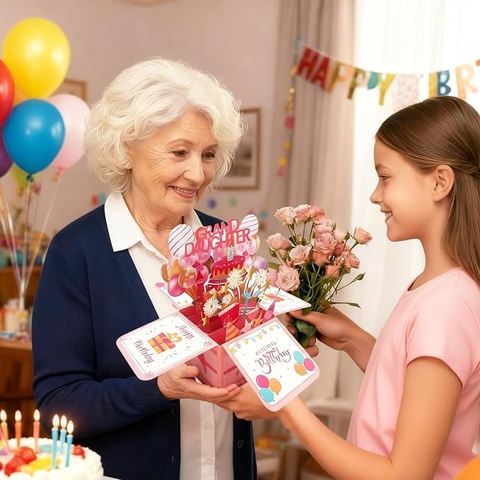 Happy Granddaughter Birthday Card Pop Up Card Box Gift From Grandma Grandparents 3D Funny Colorful Foldable Celebration Greeting Cards With Envelope For Women Birthday Party Decor