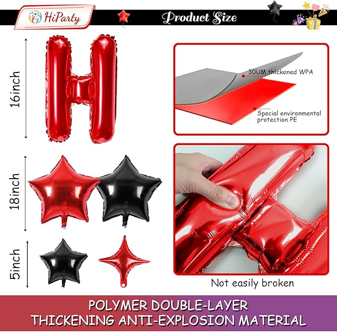 3D Mylar Foil Happy Birthday Banner, 26pcs Party Decorations With 8pcs Star Balloons for Men Women Adults, Ecofriendly Supplies, Black Red