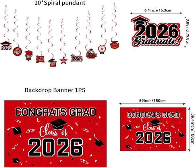 Graduation Decorations 2026 Red Themed Set - Congrats Grad Banner, Class of 2026 Backdrop, Balloons & Streamers Kit - Complete Party Supplies for High School & College Celebrations