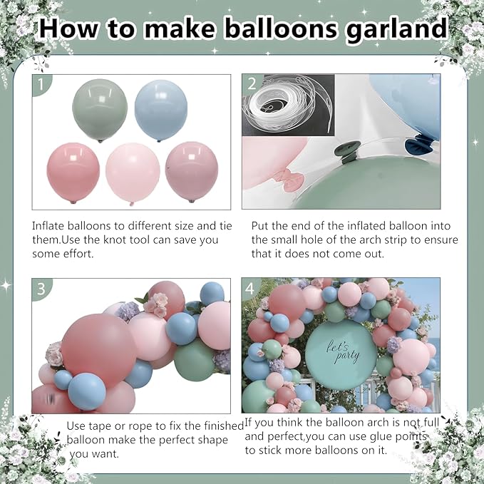 Pink Blue Green Balloons Garland Kit, Double Stuffed Dusty Green Light Blue Blush Dusty Pink Mauve Pastel Balloon Arch Kit for Birthday Gender Reveal Fairy Floral Easter Party Decor