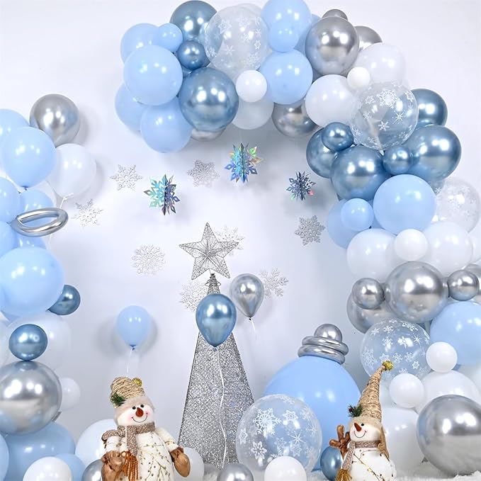 Winter Wonderland Balloon Arch Garland Kit, Baby Blue and White Balloons with Snowflake Star Foil Balloons for Ice Wonderland Christmas Baby Shower Princess Theme Birthday Party Decorations Supplies