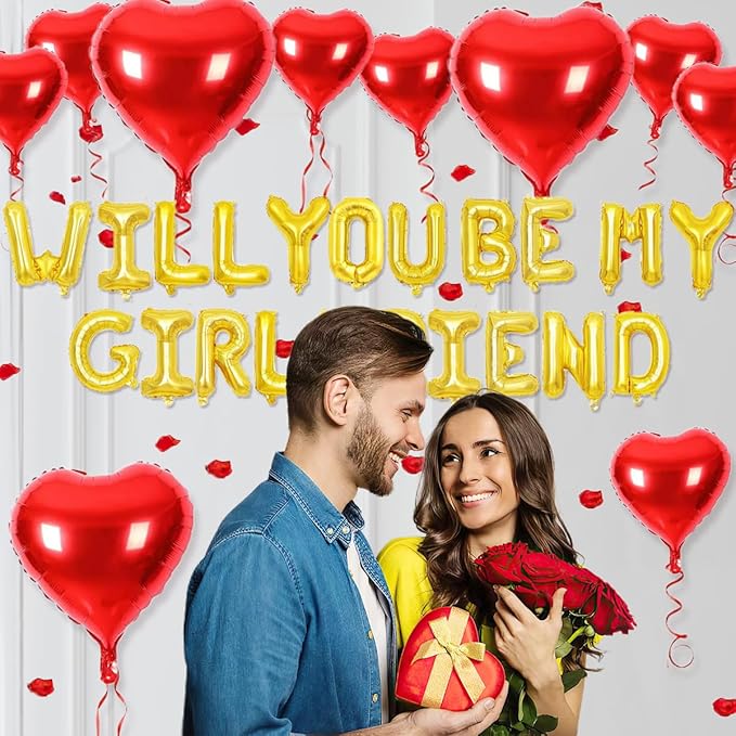 2 set 16 inch Will You be My Girlfriend Balloons and Heart Balloons with 1000 Pieces Rose Petals, Gold Letter Balloon for Her Valentines Day Decorations Wedding Anniversary Engagement