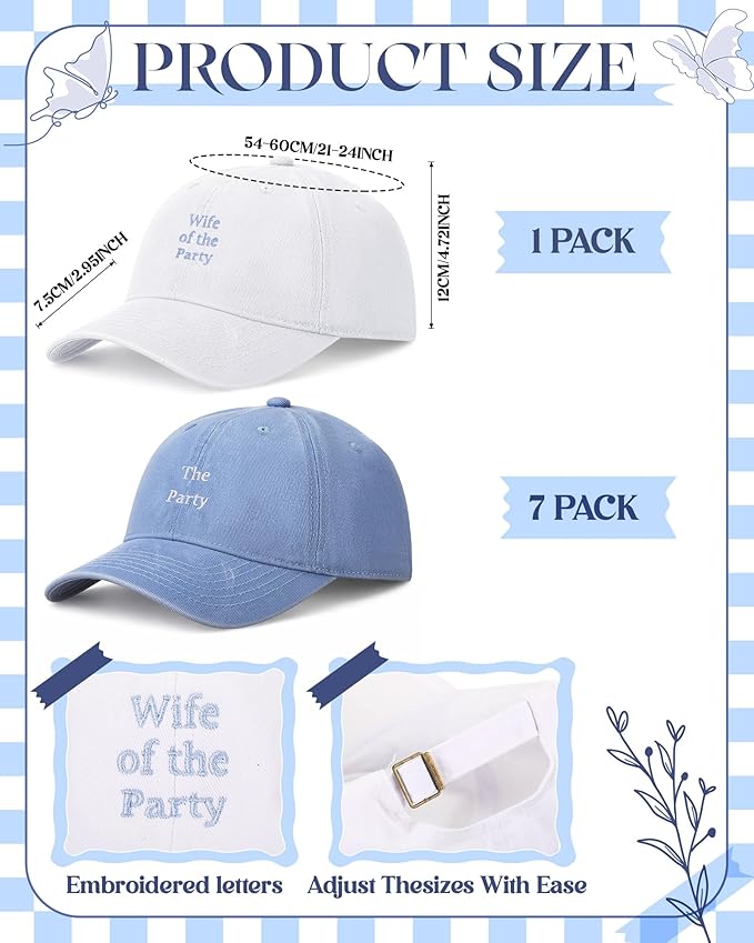 8 Pack Adjustable Bachelorette Hat, 1 Wife of The Party Cap and 7 The Party Cap for Bridesmaid Bride Wedding Gift