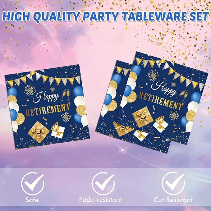 40 PCS Retirement Party Decorations Blue Gold Retirement Party Decorations Supplies Tableware Plates and Napkins for Woman Men Table Cloths Party Favors | Serve 20