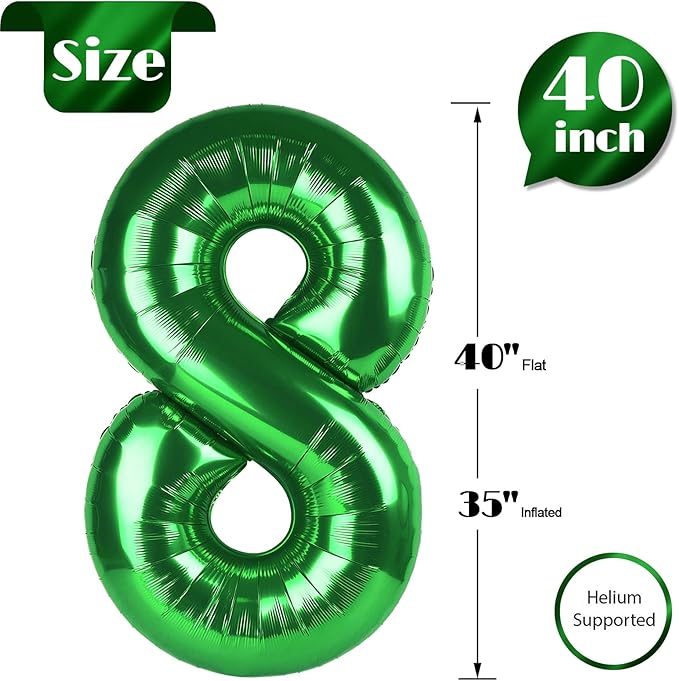 Green Number 8 Balloon 40 Inch, 8 Balloon Number, 8th Birthday Decorations, Green Party Supplies for Boys Girls