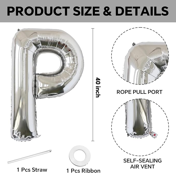 KALOR 40 Inch Silver Letter P Balloons Jumbo Foil Mylar Helium Big Balloons for Birthday Party Anniversary Baby Shower Supplies