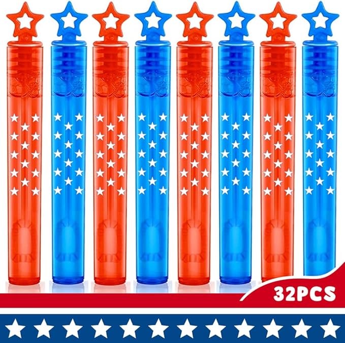 32Pcs 4th of July Mini Bubble Wands Patriotic Red White Blue Bubbles for Kids, Independence Day Party Favors Patriotic Decorations