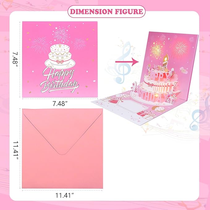 Musical Birthday Cards with Light and Music, Blowable, 3D Birthday Popup Cards for Men & Women– Plays Hit Song 'HAPPY Birthday' (pink)