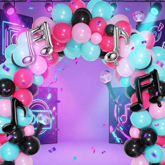 Sumind 144 Pieces Music Balloons Birthday Garland Kit Music Sign Foil 5 Inch 10 Inch Rose Red Black Blue Pink for Sock Hop Party, 1950s Party, K Pop Decorations, Birthday, Karaoke Supplies
