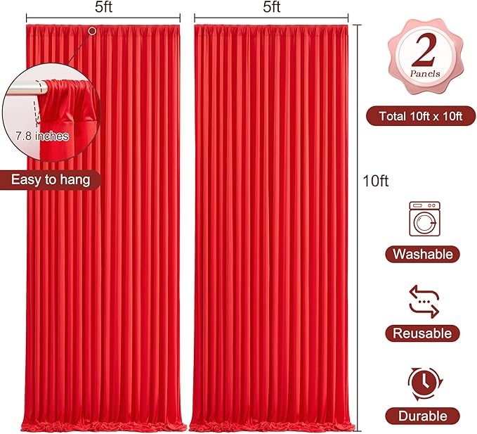 10 x 10 ft Red Backdrop Curtains with Lights String for Wedding Polyester Photo Backdrop Drapes Wrinkle Free Red Long Curtains for Birthday Parties Reception Baby Shower Ceremony-10 x 5ft x 2 Panels