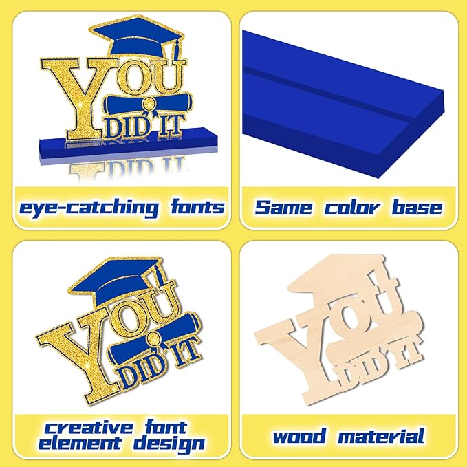 4Pcs Graduation Decorations Class of 2026 Wood Table Centerpieces Congrats Grad Wooden Sign Graduation Table Toppers Congratulate Tiered Tray Decor for 2026 Graduation Party(Blue-Gold)