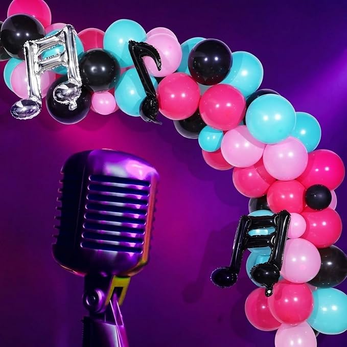 Sumind 144 Pieces Music Balloons Birthday Garland Kit Music Sign Foil 5 Inch 10 Inch Rose Red Black Blue Pink for Sock Hop Party, 1950s Party, K Pop Decorations, Birthday, Karaoke Supplies