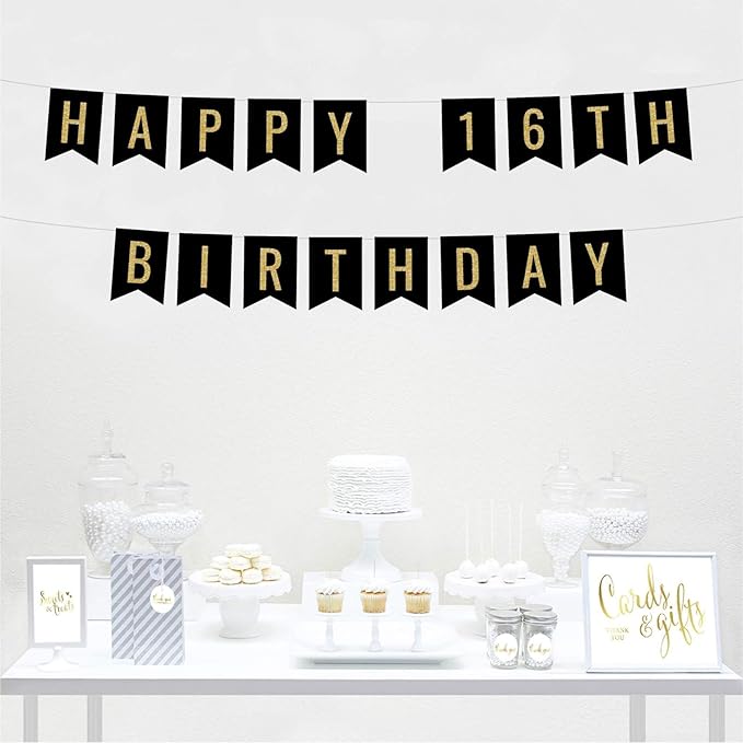 Andaz Press Faux Gold Glitter on Black Birthday Party Banner Decorations, Happy 16th Birthday, Approx 5-Feet, 1-Set, Birthday Colored Hanging Pennant Decor