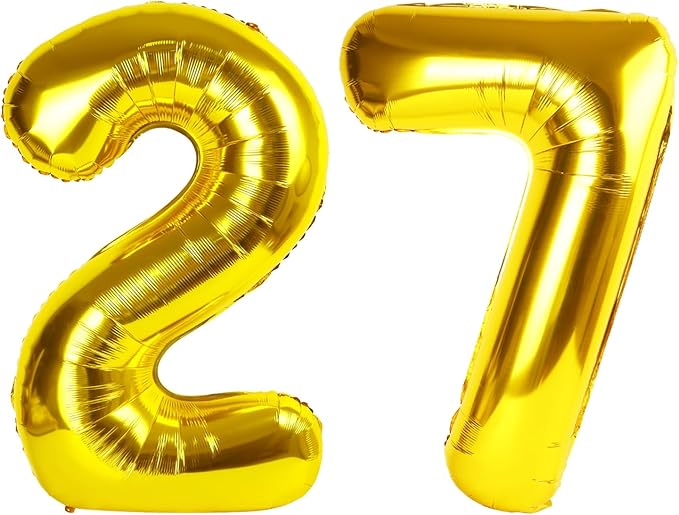 27 Gold Number Balloons, 40 Inch Balloons for Woman Man 27th Birthday Party Decoration, Foil Number Ballon for 27, 72 Anniversary, Bridal Shower, Graduation, Valentine's Day, Mother's Day, Easter