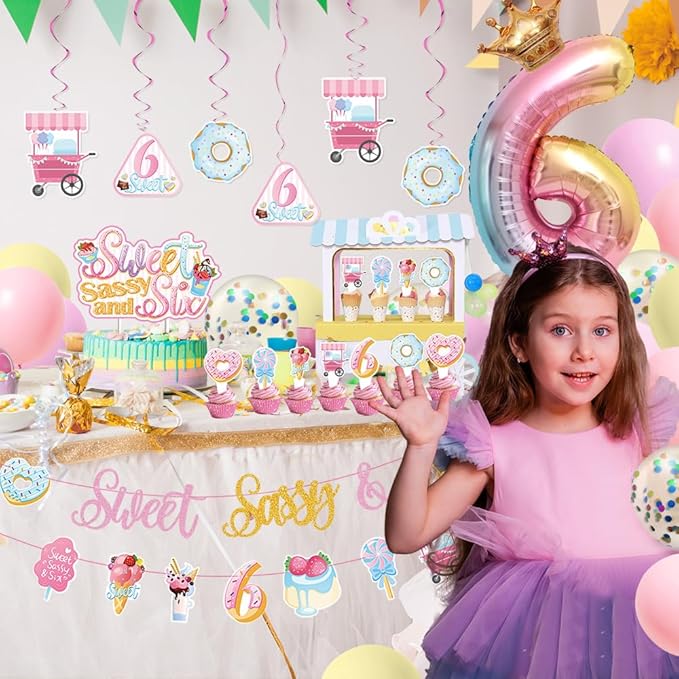 Sweet Sassy and Six Birthday Decorations for Girls - 6th Birthday With Donut Banner, Cake Topper, Foil Balloon for Ice Cream Party